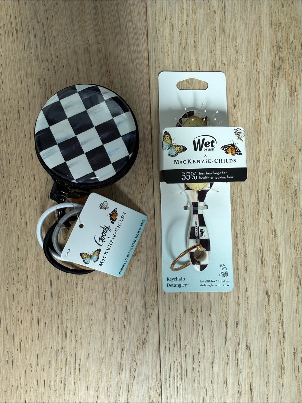 MacKenzie-Childs Black & White Check Keychain Hair Brush Set